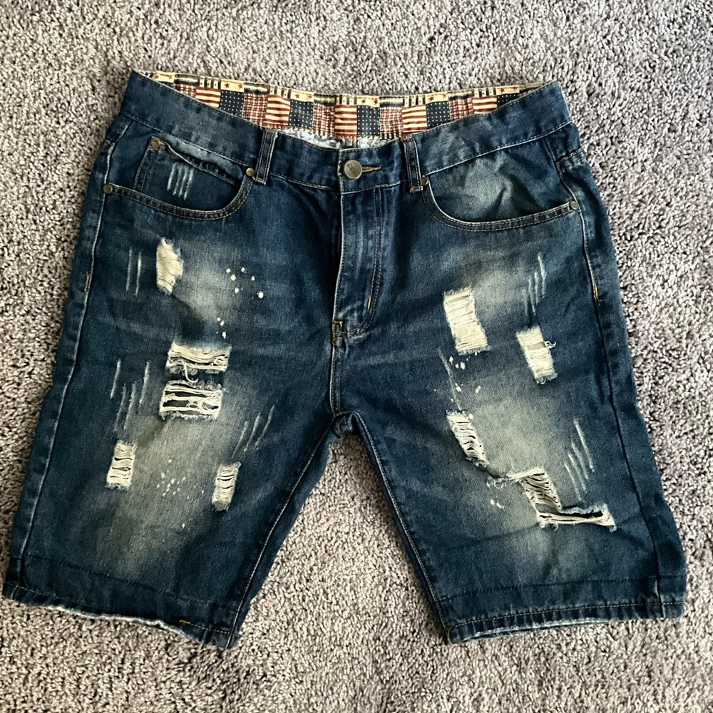 Men's Distressed Denim Shorts in Blue